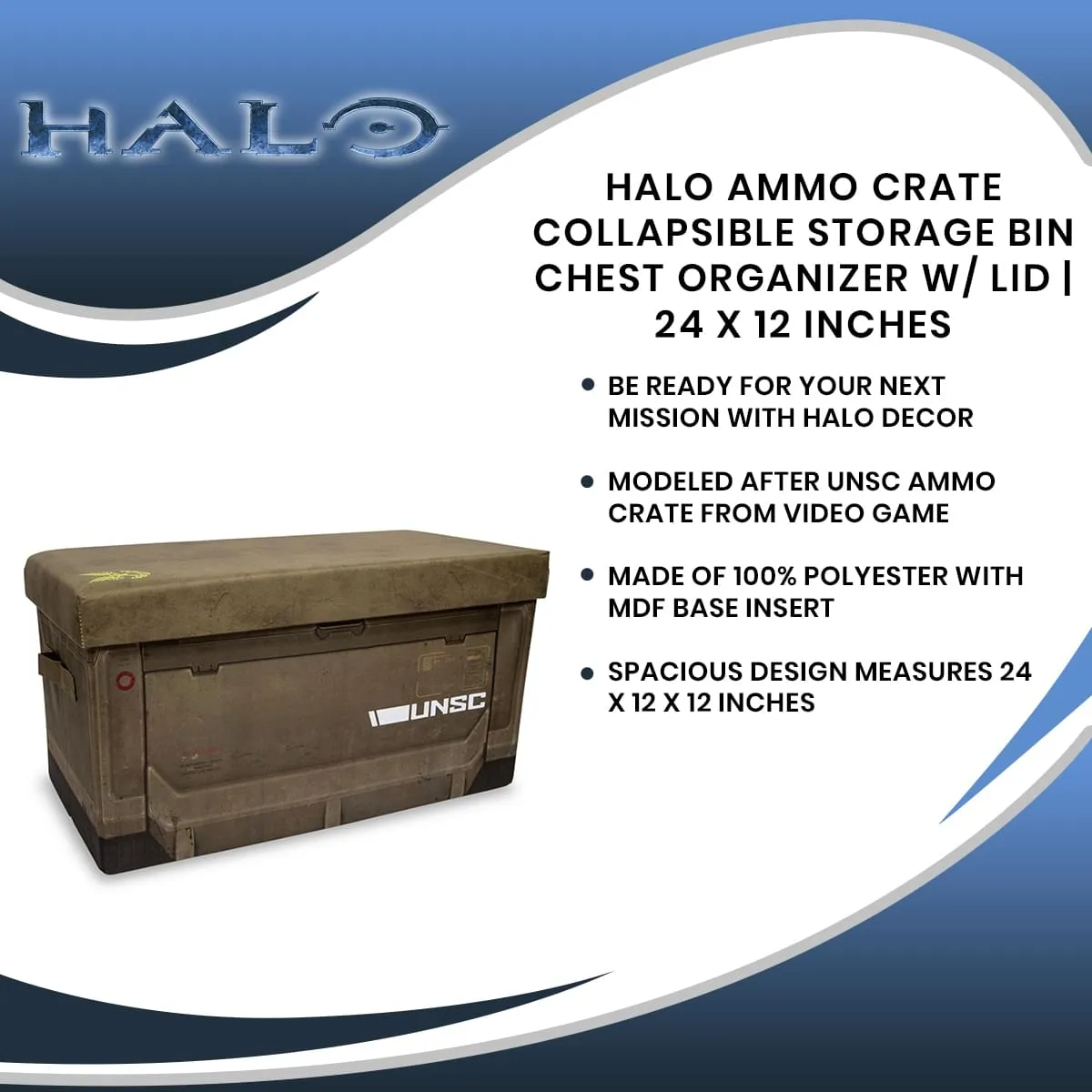 HALO Ammo Crate Collapsible Storage Bin Chest Organizer w/ Lid | 24 x 12 Inches